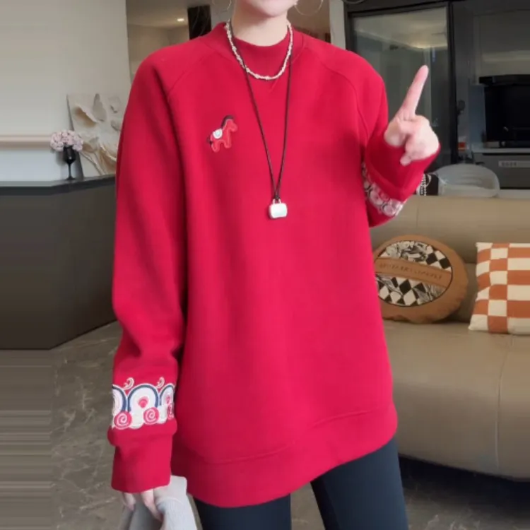 国风刺绣圆领中长款卫衣女2025冬季新款加绒加厚宽松显瘦减龄上衣