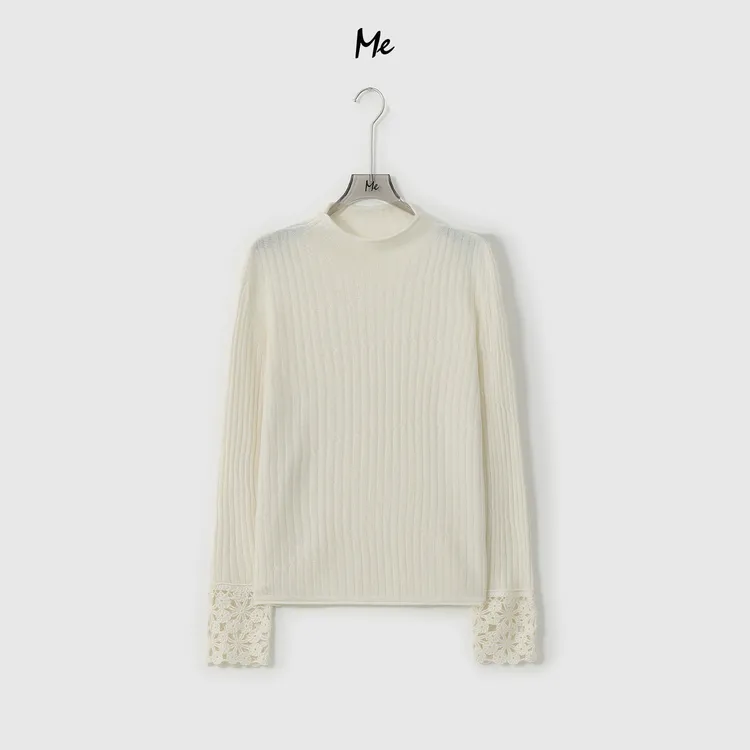 ME【100%绵羊毛高领花喇叭】超细美利奴绵羊毛手工勾花毛衣MESA3589