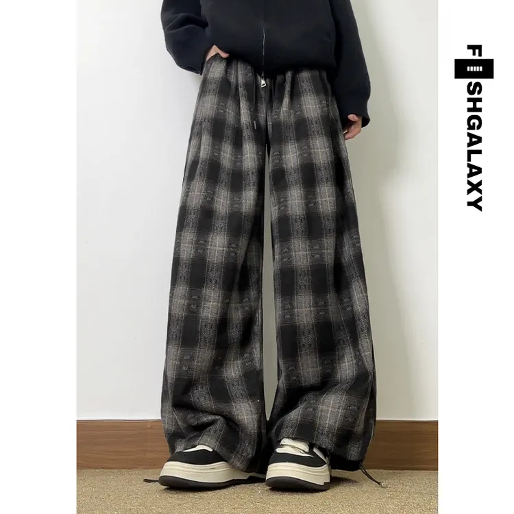 冬季休闲长裤复古格子阔腿裤宽松百搭显瘦磨毛垂感男士高级感裤子