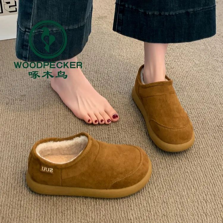 啄木鸟厚底勃肯鞋女加绒雪地靴2025新款爆款冬季一脚蹬鞋保暖棉鞋