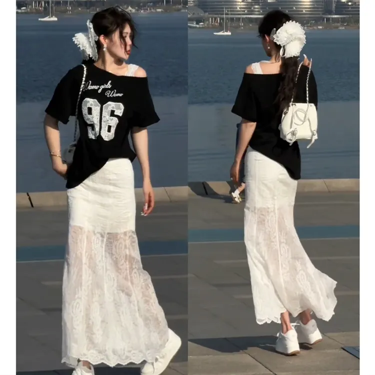 洋气休闲装2025夏季韩版宽松刺绣短袖T恤上衣百搭蕾丝半身裙套装