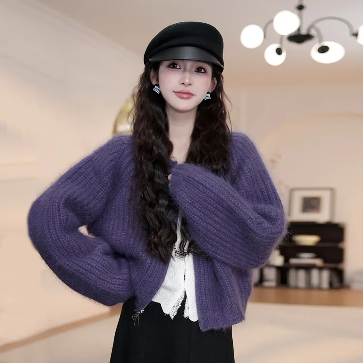 【YANYAN】紫色针织衫开衫女秋季新款软糯百搭长袖圆领毛衣外套8980