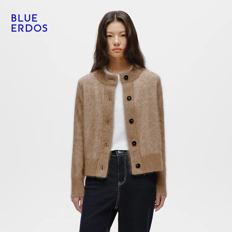 BLUE ERDOS 25早春新休闲百搭绵羊毛混纺圆领短款系扣针织开衫女
