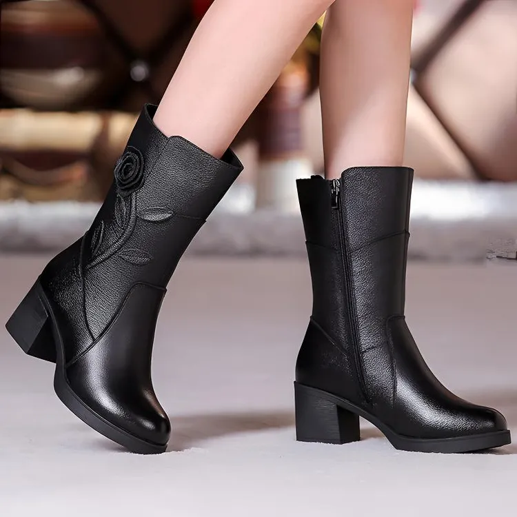 靴子女中跟真皮中筒靴软底粗跟女棉鞋加绒加厚妈妈鞋女士皮鞋秋冬