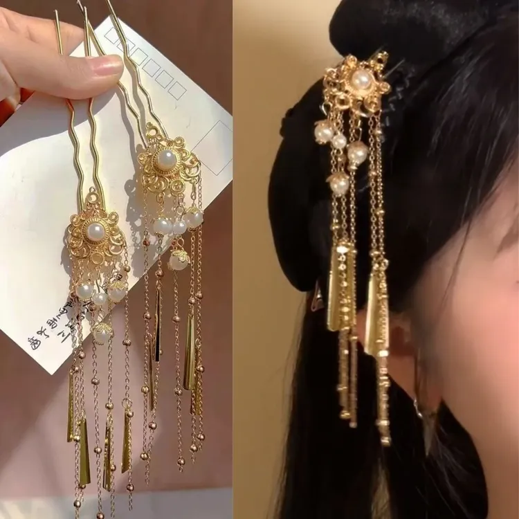 新中式珍珠流苏发钗复古国风汉服旗袍步摇发簪头饰