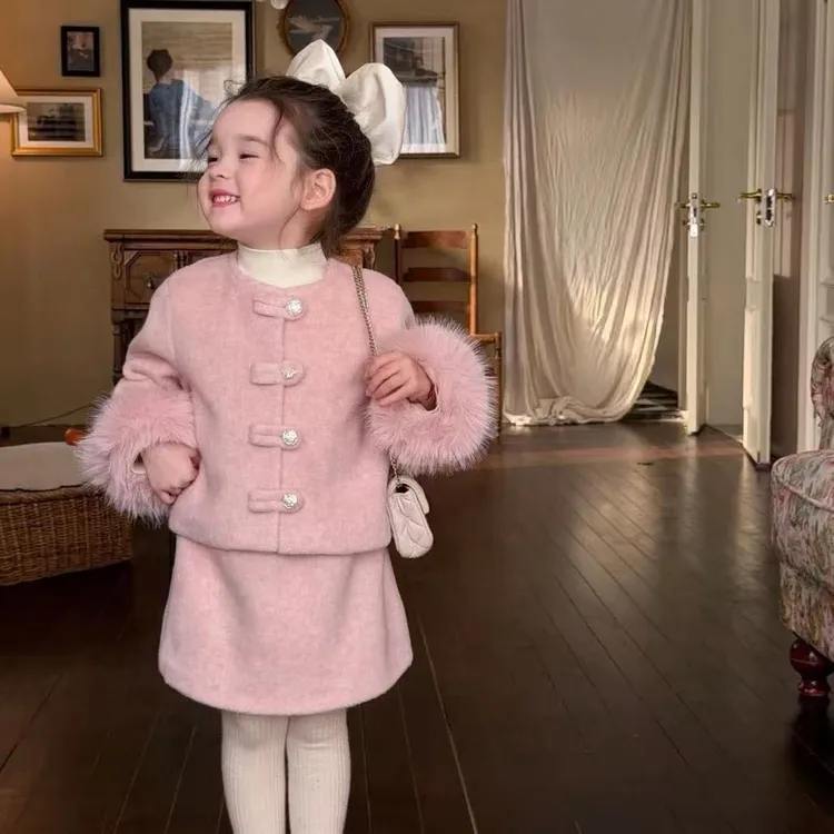 女童拜年服2025年国风新中式 女童小香风粉色毛毛袖外套半裙套装
