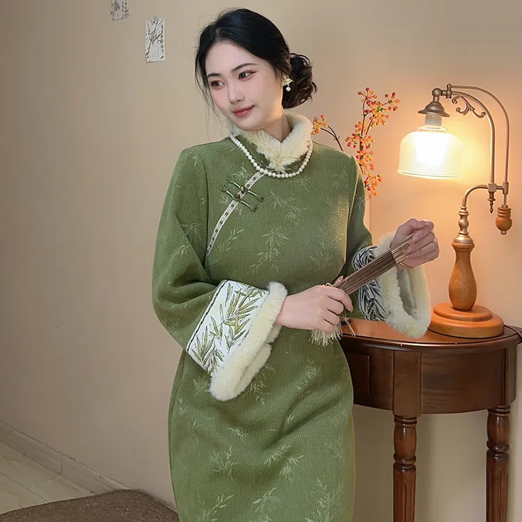 竹霜【自制款】冬季绿色显白加绒竹叶大码胖mm旗袍连衣裙新中式冬