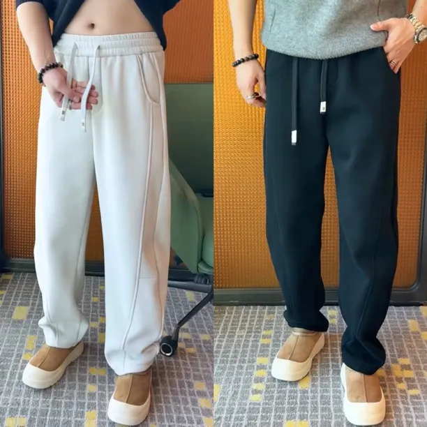 冬季新款加绒加厚拼接直筒休闲裤男时尚简约高级感宽松百搭弯刀裤