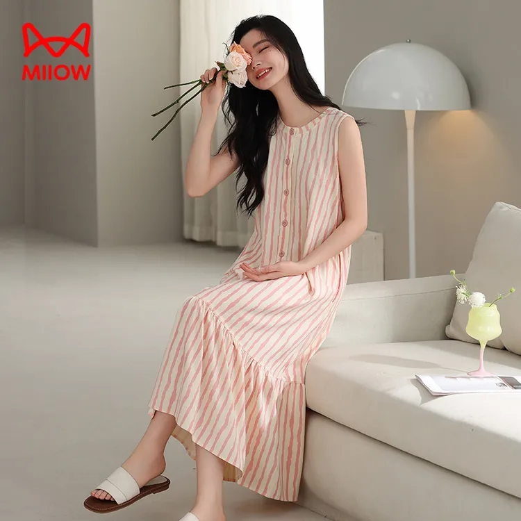 猫人条纹睡裙女纯棉夏季背心中长款连衣裙甜美睡衣休闲家居服宽松