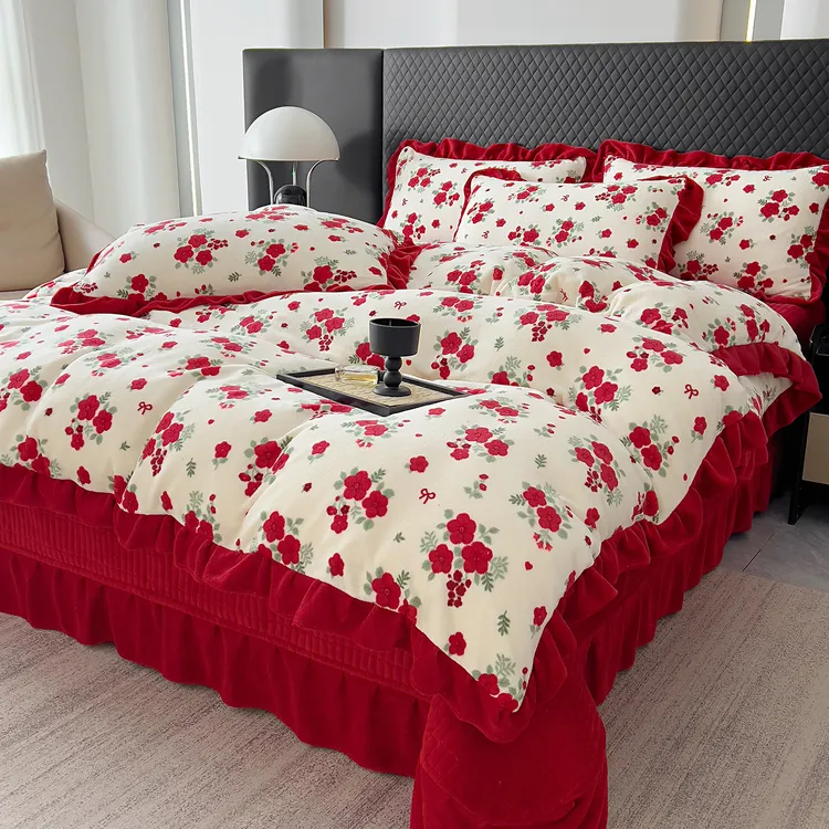 新款9-10斤加厚牛奶绒床盖加绒四件套保暖抗旱不跑床夹棉加厚床盖