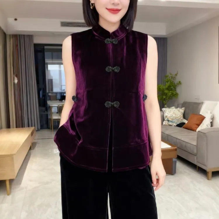 丝绒马甲背心女新中式国风复古盘扣宽松金丝绒马夹上衣显瘦外搭