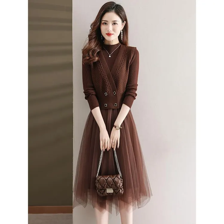 2025年秋冬新款针织马甲连衣裙两件套女洋气时尚打底内搭毛衣裙子