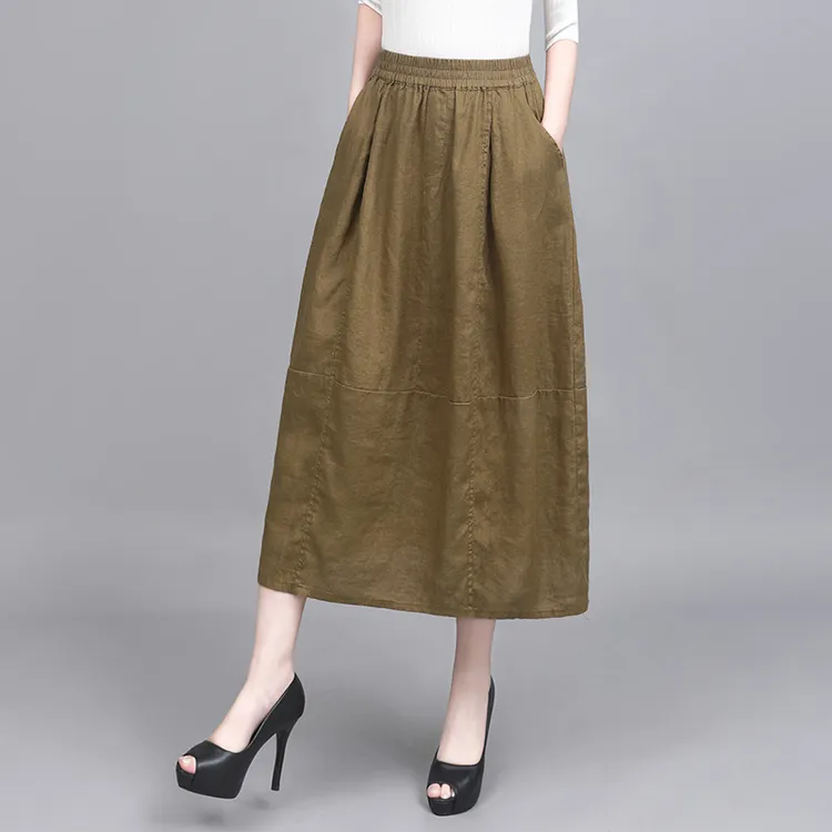 薄款高腰通勤中长裙高端亚麻半身裙春夏垂感纯色A字松紧腰花苞裙
