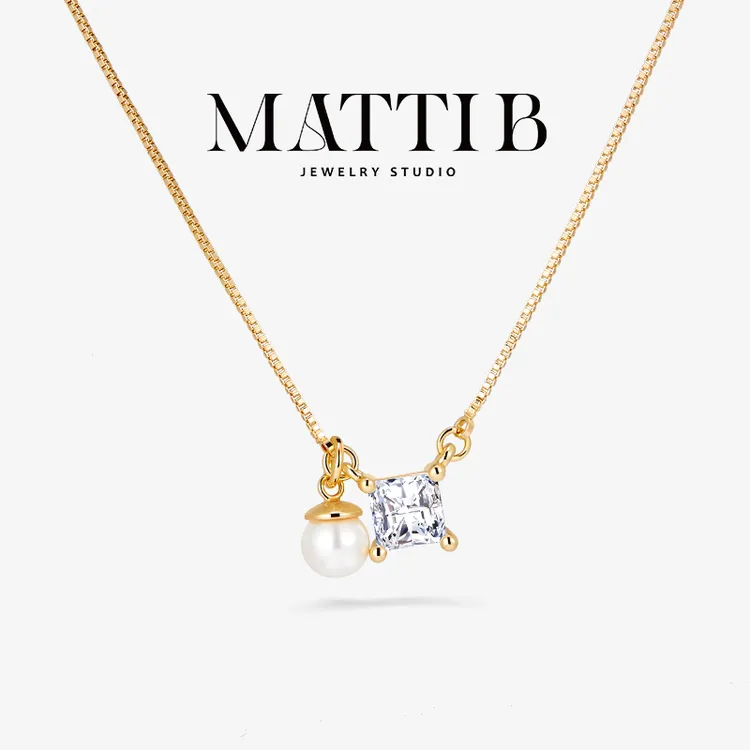 铜合金项链 小方糖吊坠仿珍珠气质轻奢小众高级感新款锁骨链1938