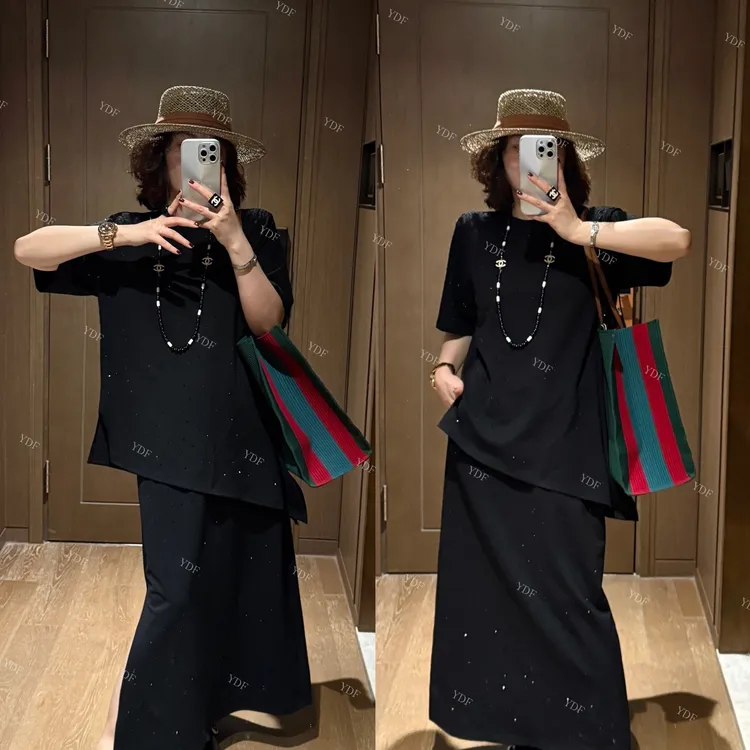 YDFSTUDIO小众【夏日微光】欧货高品重磅烫钻设计上衣+半身裙套装