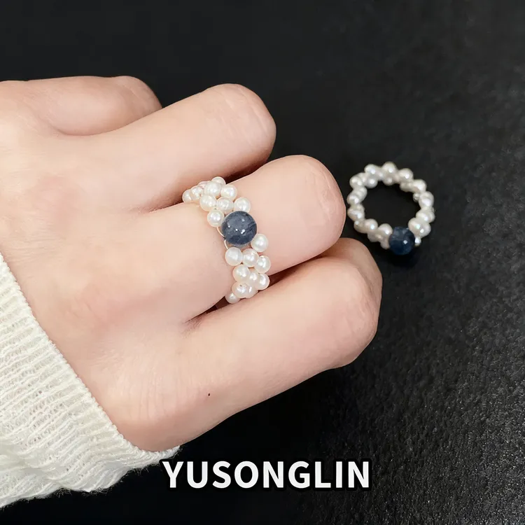 深海蓝天然海蓝宝淡水珍珠编织戒指小众设计感轻奢宽版戒指
