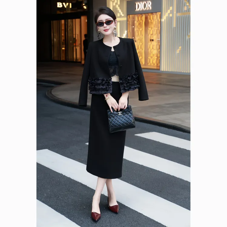 ZEROYK小香风职业套装高级感名媛气质荷叶下摆修身西服半裙两件套