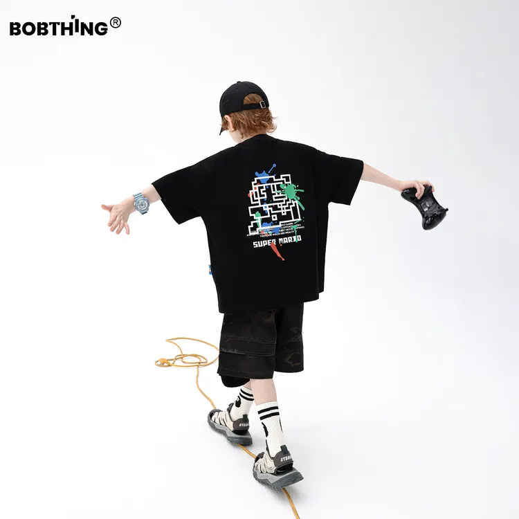 男童夏装游戏印花T恤衫黑色短袖2025新款童装体恤儿童半袖上衣潮