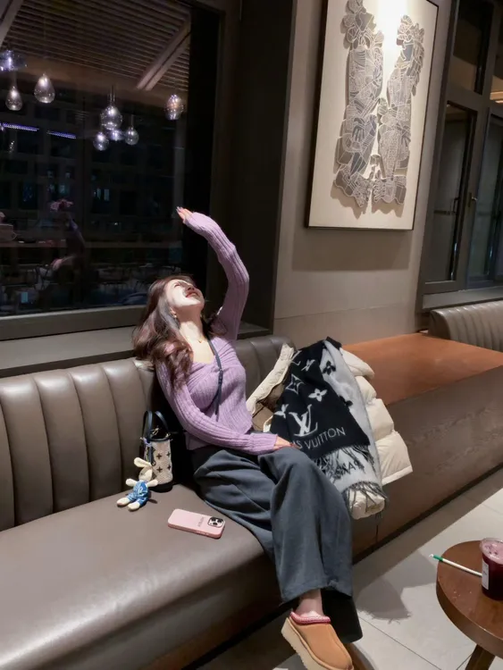 【紫菱】气质慵懒风纯欲紫色针织上衣减龄显瘦灰色休闲长裤套装