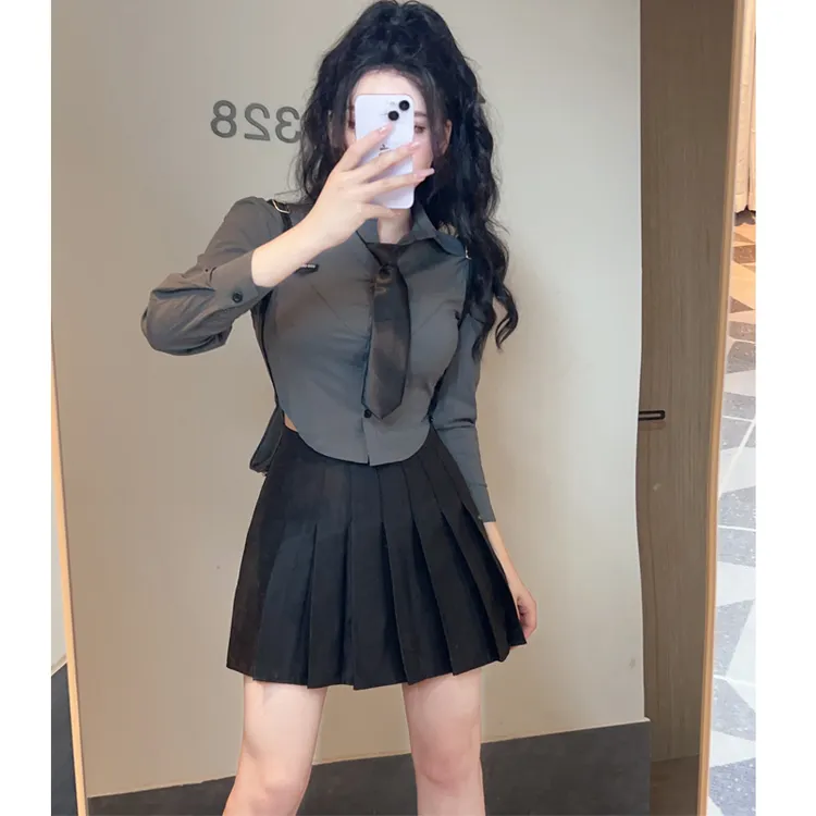 纯欲学院风jk制服套装长袖短款灰色衬衫女秋百褶裙性感辣妹两件套