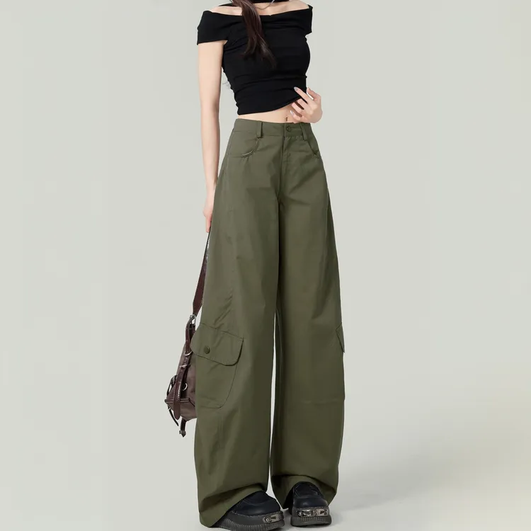 美式新款军绿色阔腿弯刀休闲裤女2025年夏季低腰宽松显瘦工装裤子