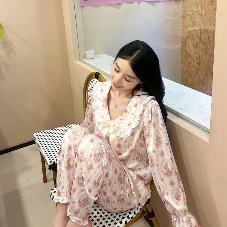 2024春秋娃娃领可爱卡通小兔家居服长袖长裤少女蕾丝边冰雪丝套装