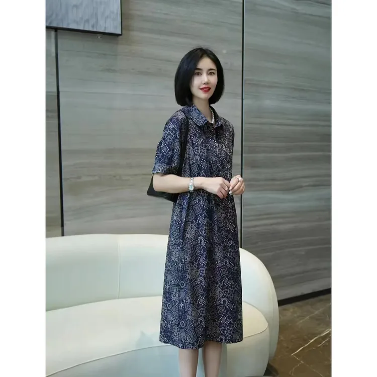 网红薄款夏季新款蓝色显瘦女士长裙时尚洋气气质印花中长款连衣裙