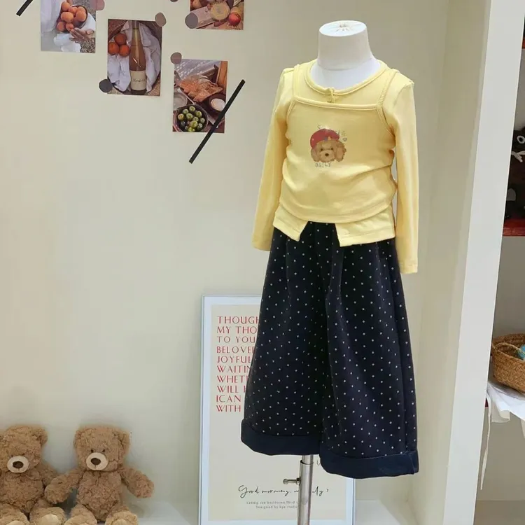 韩版女宝套装2025新款秋季女童童装休闲卡通上衣两件套波点裤套装