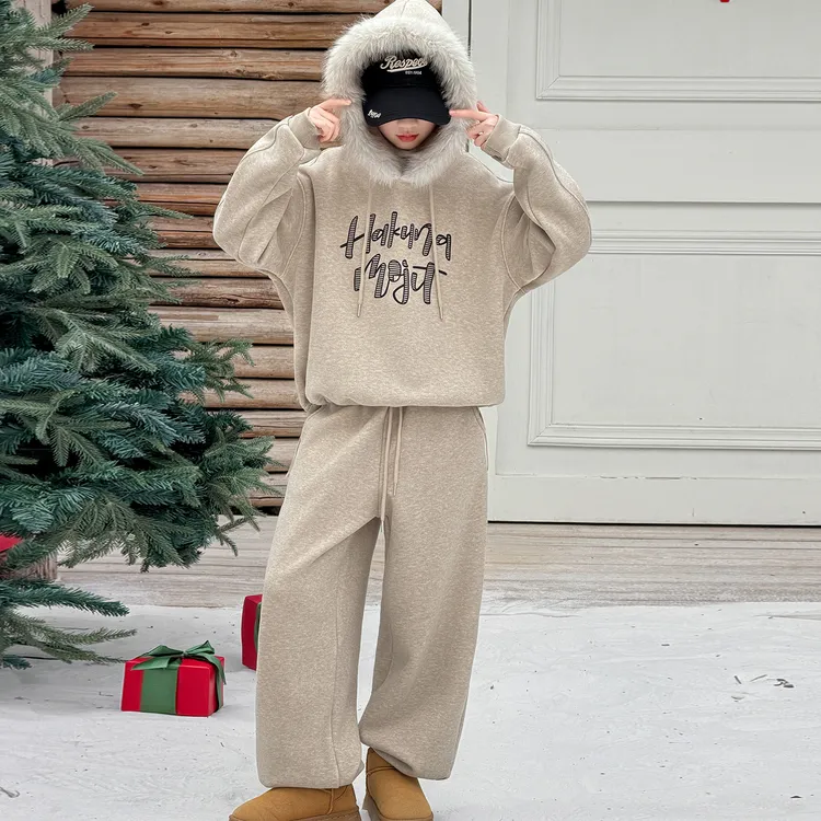 2025冬新款韩版百搭加绒加厚连帽仿真大毛领卫衣阔腿裤两件套女童