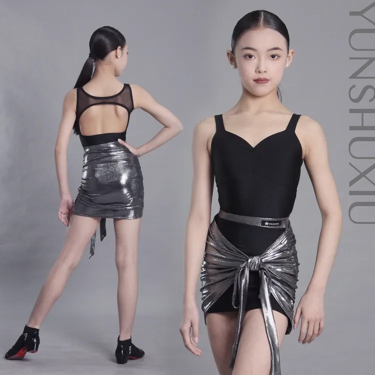 YSX新款儿童拉丁舞蹈服练习服液态银闪光面料美背套装表演服