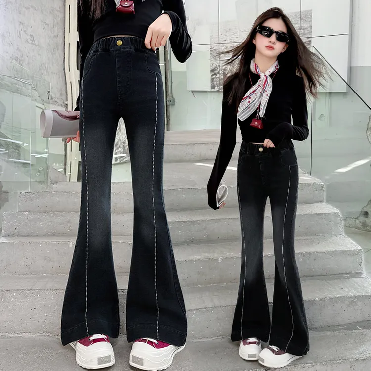 女童黑色裤子春秋款新款中大童百搭外穿显瘦喇叭裤洋气儿童牛仔裤