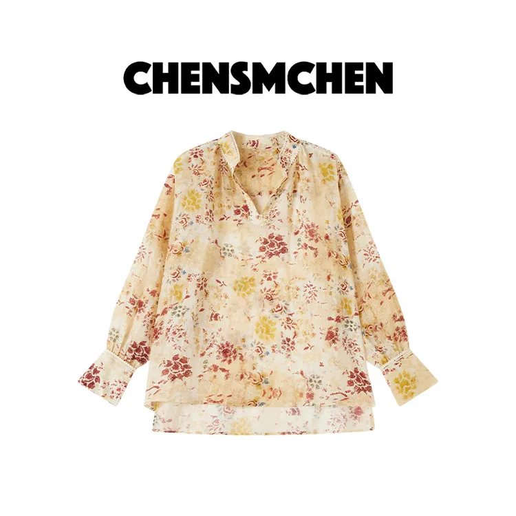CHENSMCHEN100苎麻气质精致花卉衬衫女春季百搭显瘦上衣CSC3031MX