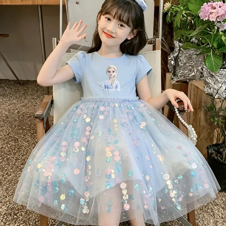 【思晨家】艾莎公主裙女童冰雪奇缘亮片裙子夏季女孩生日爱莎连衣裙