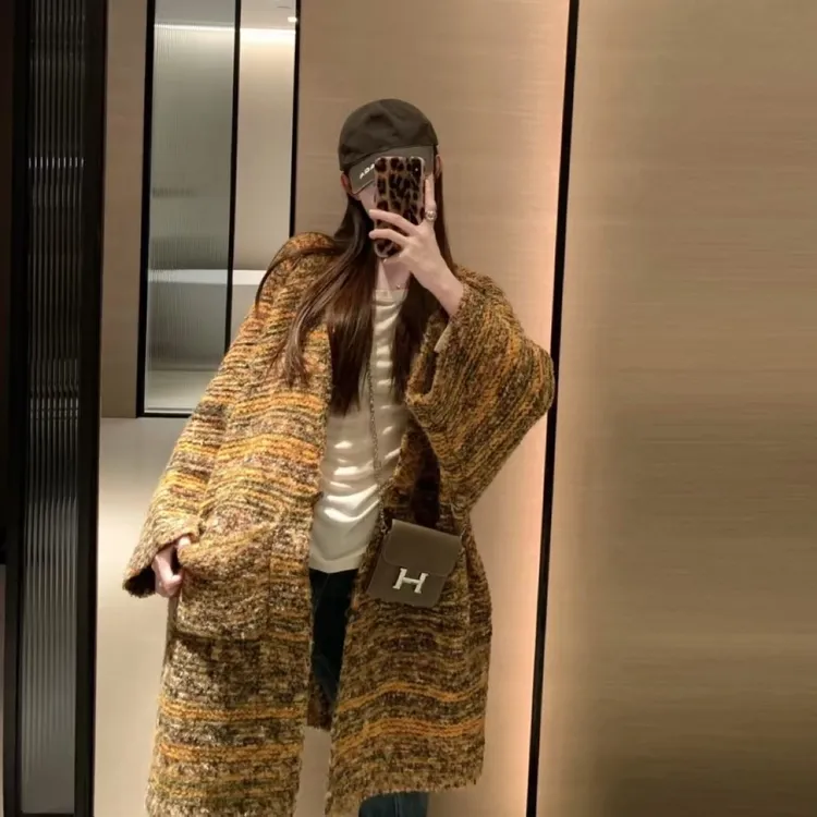 慵懒风复古彩纱中长款口袋针织开衫女秋冬显瘦厚毛衣外套上衣