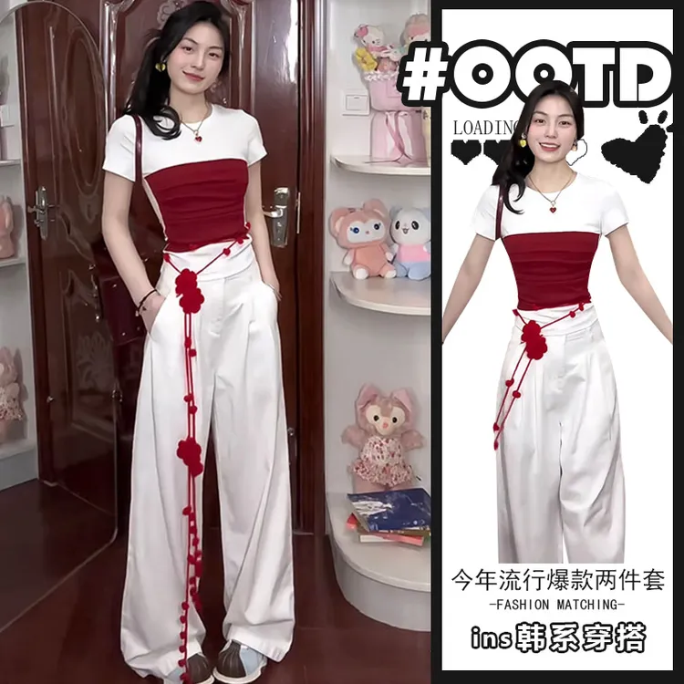 港风显瘦套装穿搭2025夏季新款辣妹别致短袖T恤+高腰垂感休闲裤潮