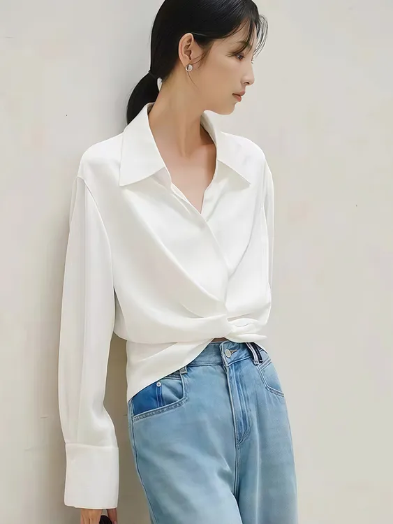 白色长袖衬衫女2025秋季新款气质衬衣高级感法式小资扭结上衣