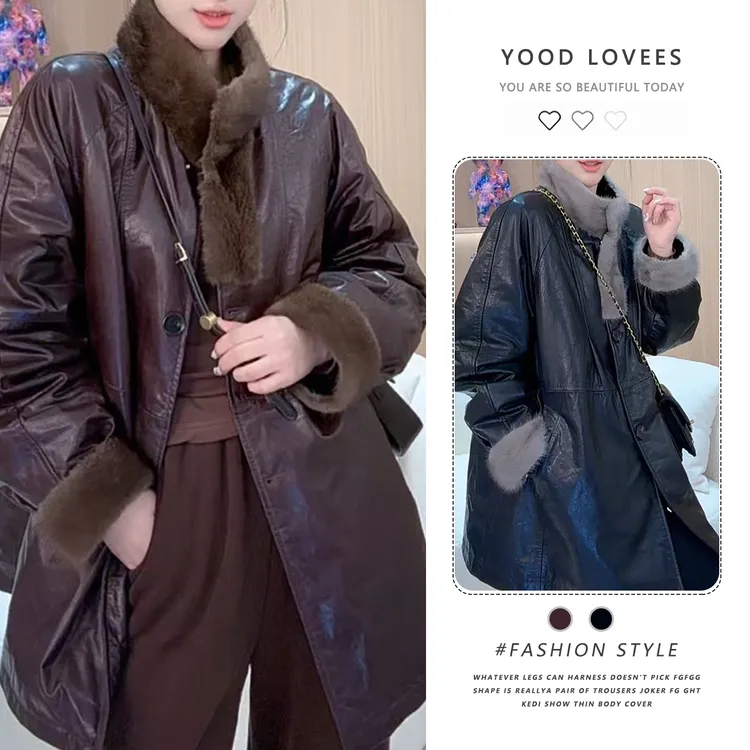 2025冬季新款设计感皮毛一体女慵懒风时尚立领加绒保暖中长款皮衣