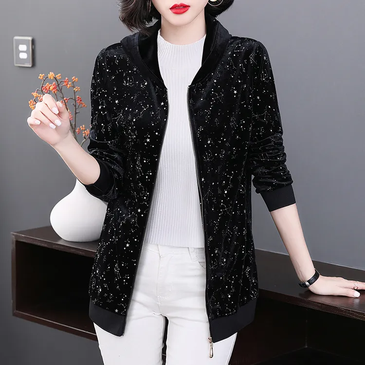 2025年新款高端时尚金丝绒外套女春秋季大码女装中长款女士上衣潮