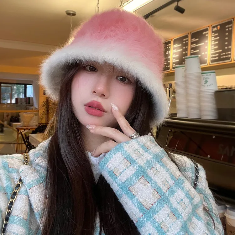显脸小渔夫帽女百搭保暖大头围盆帽白色素颜毛绒水桶帽子网红秋冬