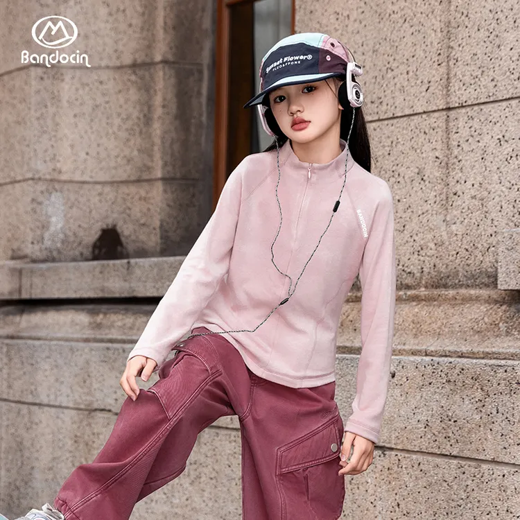 BANDOCIN/半度闲女童T恤运动长袖半开领健身服户外百搭秋冬打底衫