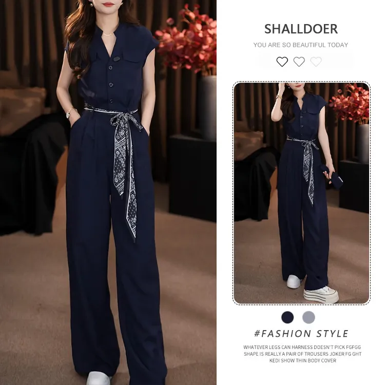 时尚连体裤套装女2025夏季新款洋气收腰显瘦短袖上衣阔腿裤一整套