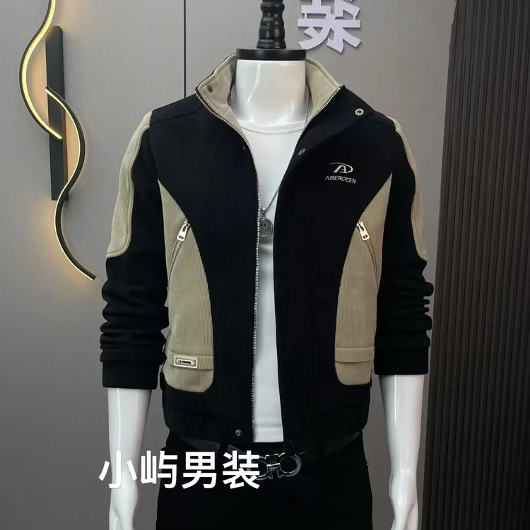 2025新款男士立领秋冬季加厚雪尼尔外套时尚修身潮流帅气拼色夹克