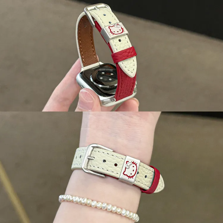KT猫荔枝纹穿扣细款真皮手表表带适用iwatchs11apple watch10s9s8