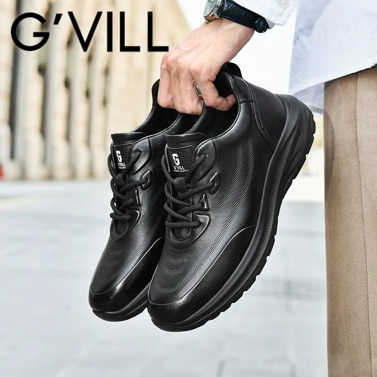 G’VILL/贵之步头层牛皮减震休闲皮鞋防滑系带黑色男鞋百搭舒适