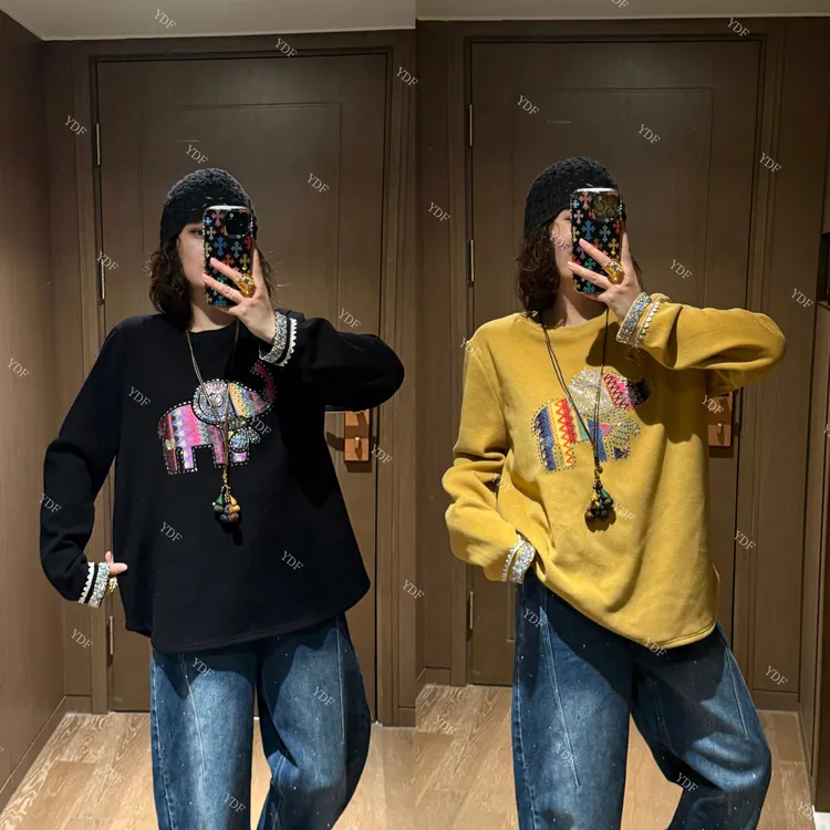 YDFSTUDIO小众【松弛小象】欧货高品卡通刺绣烫钻拼接设计时尚卫衣