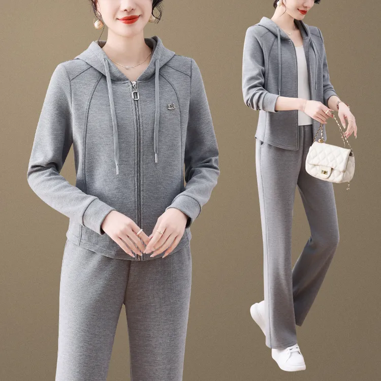 高级感条绒运动服套装女春秋妈妈减龄外套连帽卫衣潮牌休闲两件套