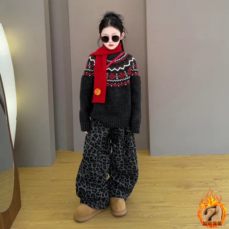 女童2025新款儿童秋冬季韩系圣诞提花保暖毛衣加绒豹纹裤两件套潮