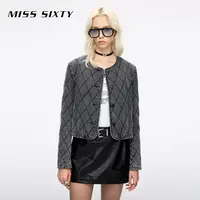 Miss Sixty2025秋季新款牛仔夹棉外套女菱格合身短款复古洗水磨破