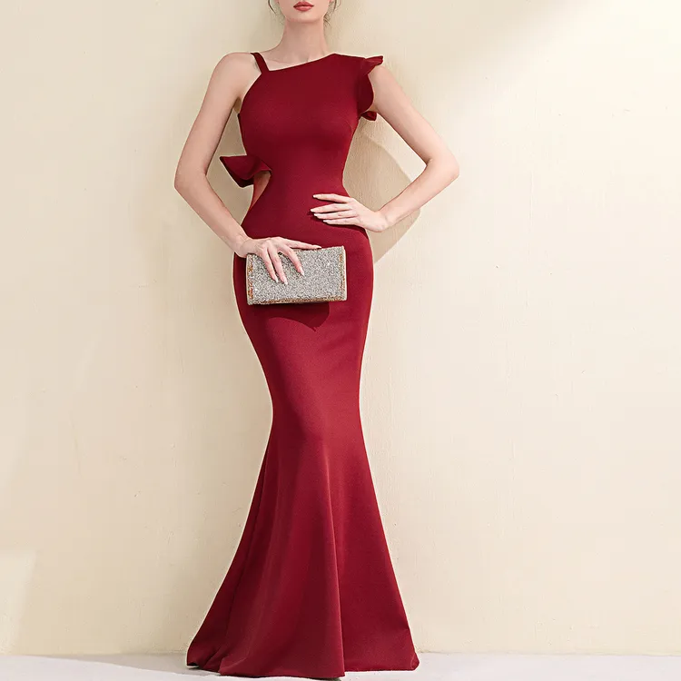 晚礼服裙女法式宴会高贵气质高档斜肩显瘦修身长款鱼尾连衣裙气质