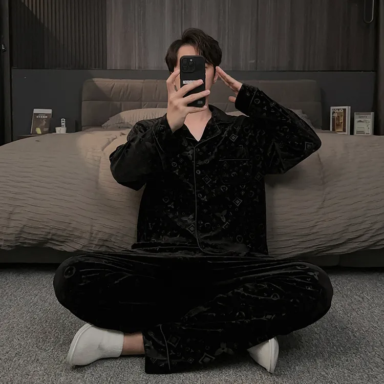 高级感男士睡衣秋冬款轻奢风金丝绒酷黑色家居服春秋季可外穿套装